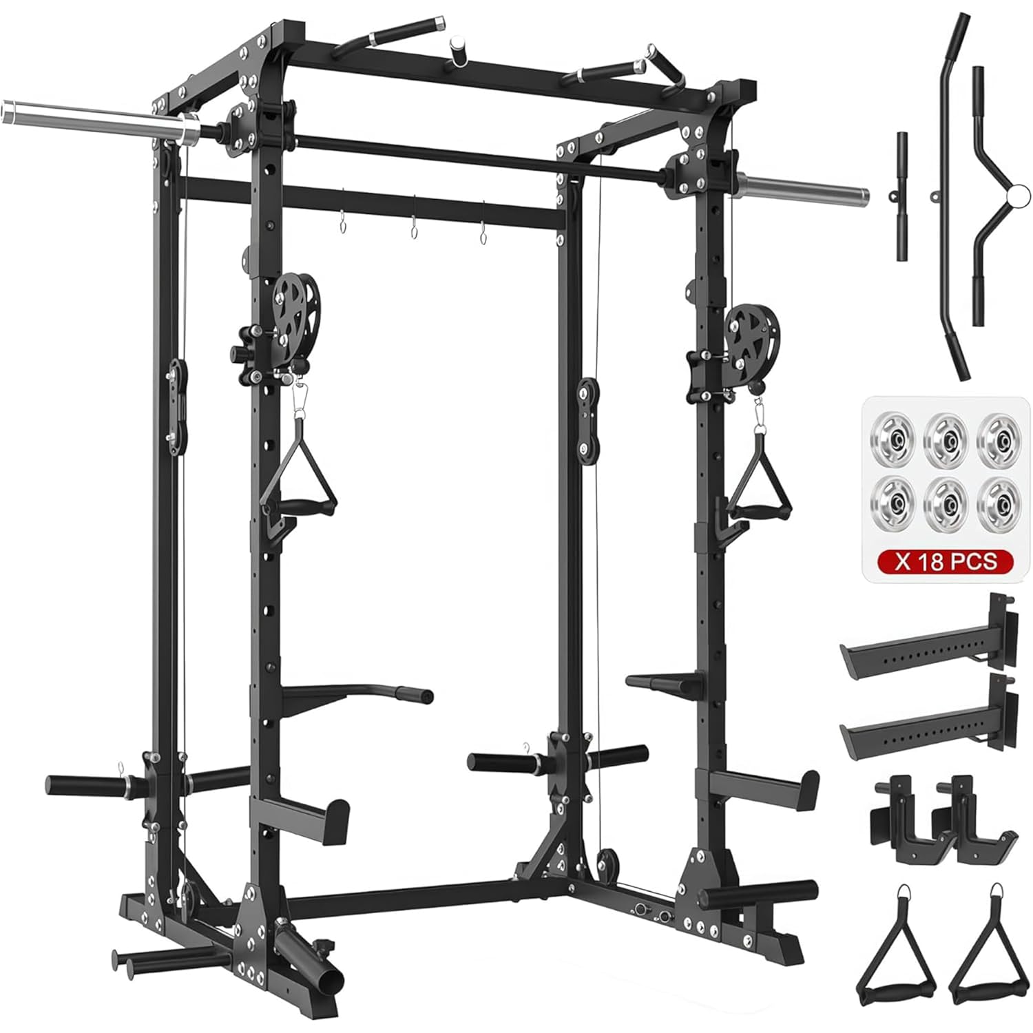 Home Gym Rack With Cables - Smith Machine, 5-in-1 Heavy-Duty Squat Rack